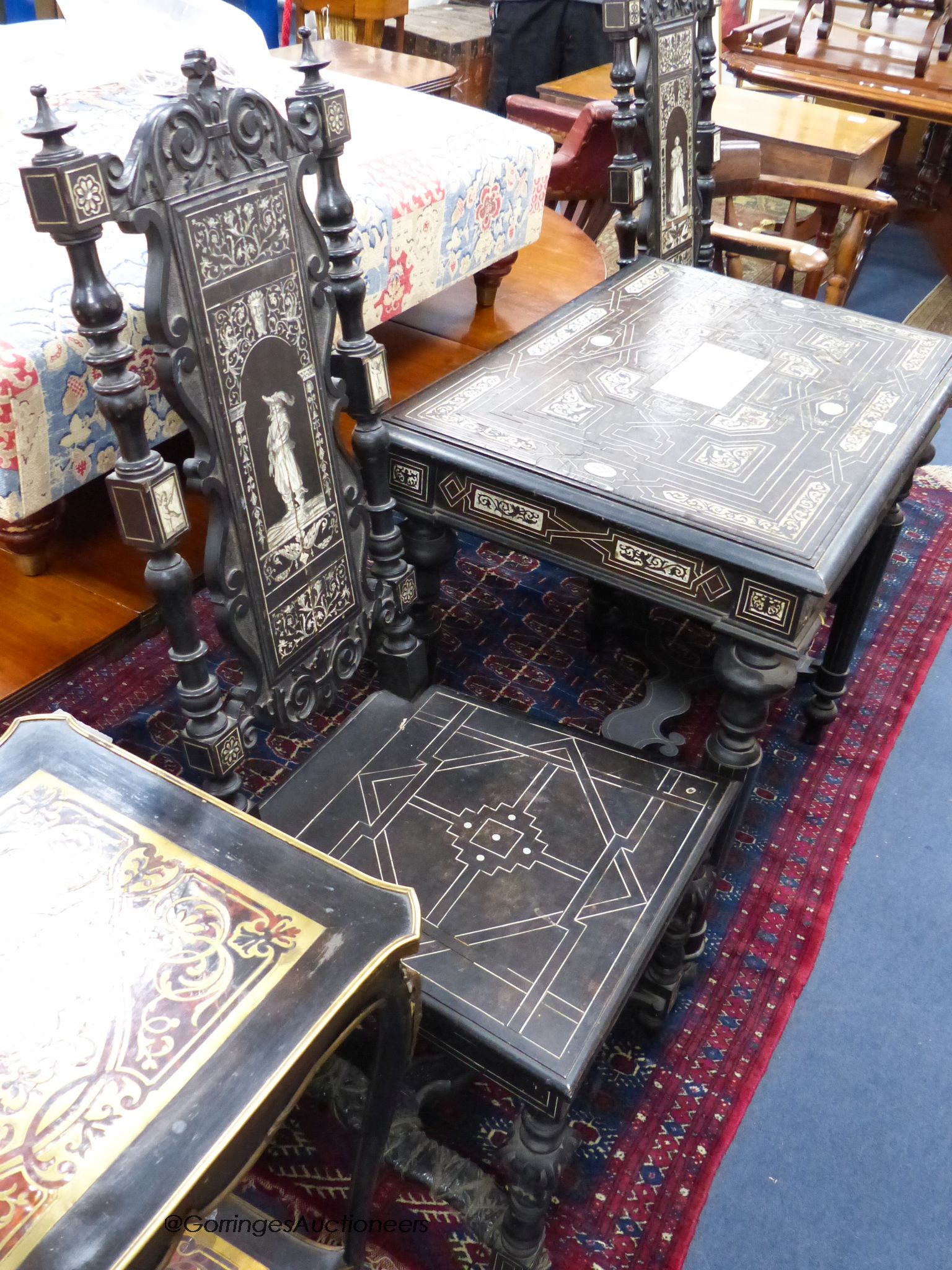 A pair of 19th century ivory inlaid ebony hall chairs and a similar table, table, W-80, D-56, H-75cm.